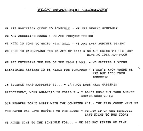 A picture of a "Flow Manager's Glossary" (humor). Credit: Edgar Zapata, memorabilia collection.