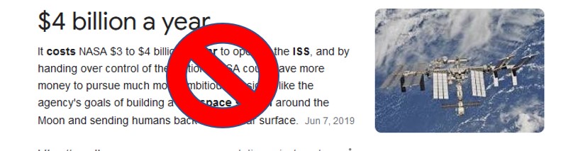 A google search of annual ISS costs with a universal symbol of "NO" (a circle and a single cross mark) imposed on it to indicate the usual answer is incorrect.