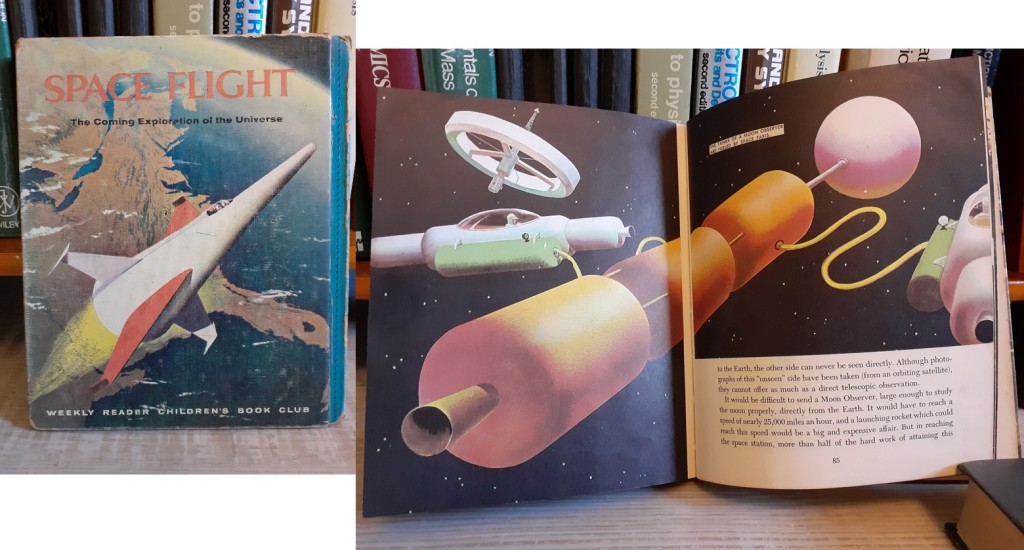 Pictures of the cover and an open page from "The Planets" and "Spaceflight" from General Mills, 1957.