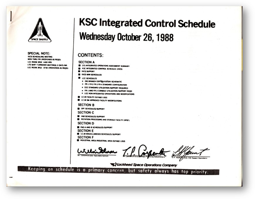 The front cover of the schedule from a few days after I first reported for work at NASA Kennedy Space Center. It was called the "KICS" for Kennedy Integrated Control Schedule.